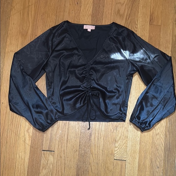 Black Ruched Satin Tie Front Long Sleeve Blouse - Picture 4 of 9